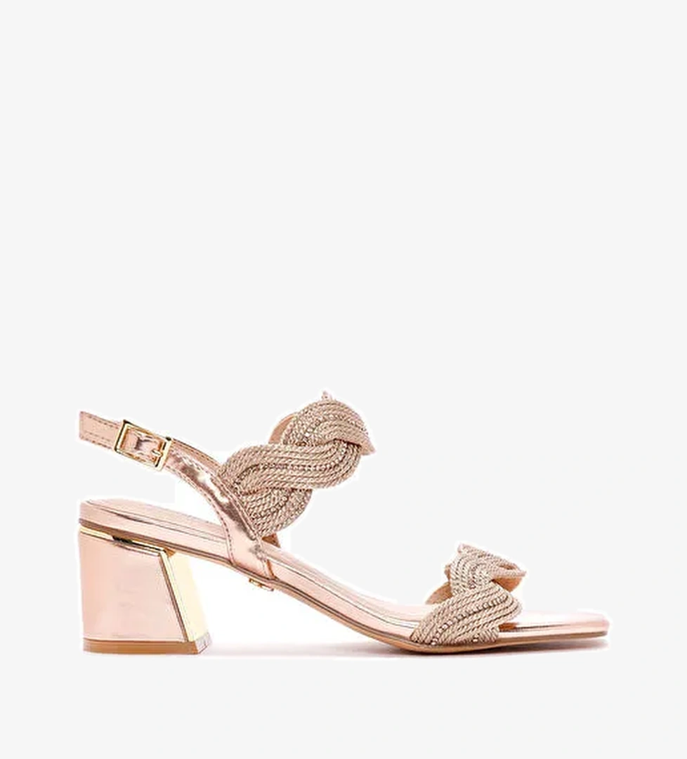 Kadın Pembe Örgülü Kalın Kısa Topuklu Sandalet 25SFD440714 - Görsel 1