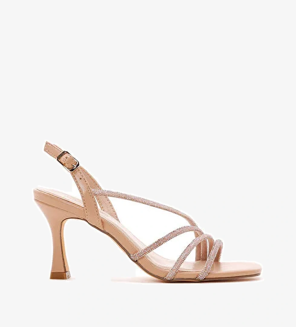 Kadın Bej Taşlı İnce Topuklu Sandalet 25SFD4409TS - Görsel 1