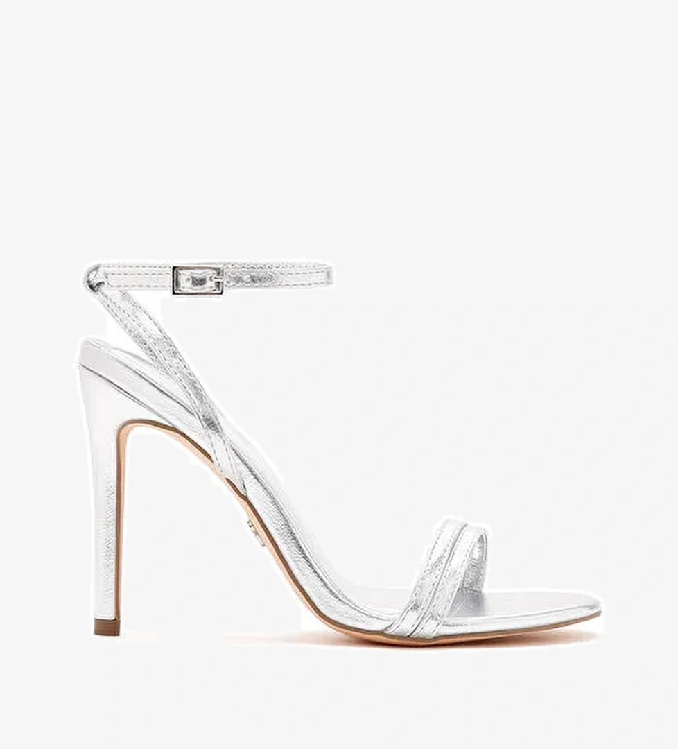 Kadın Gri Bilekten Bantlı Metalik Yüksek İnce Topuklu Sandalet 25SFE491532 - Görsel 1