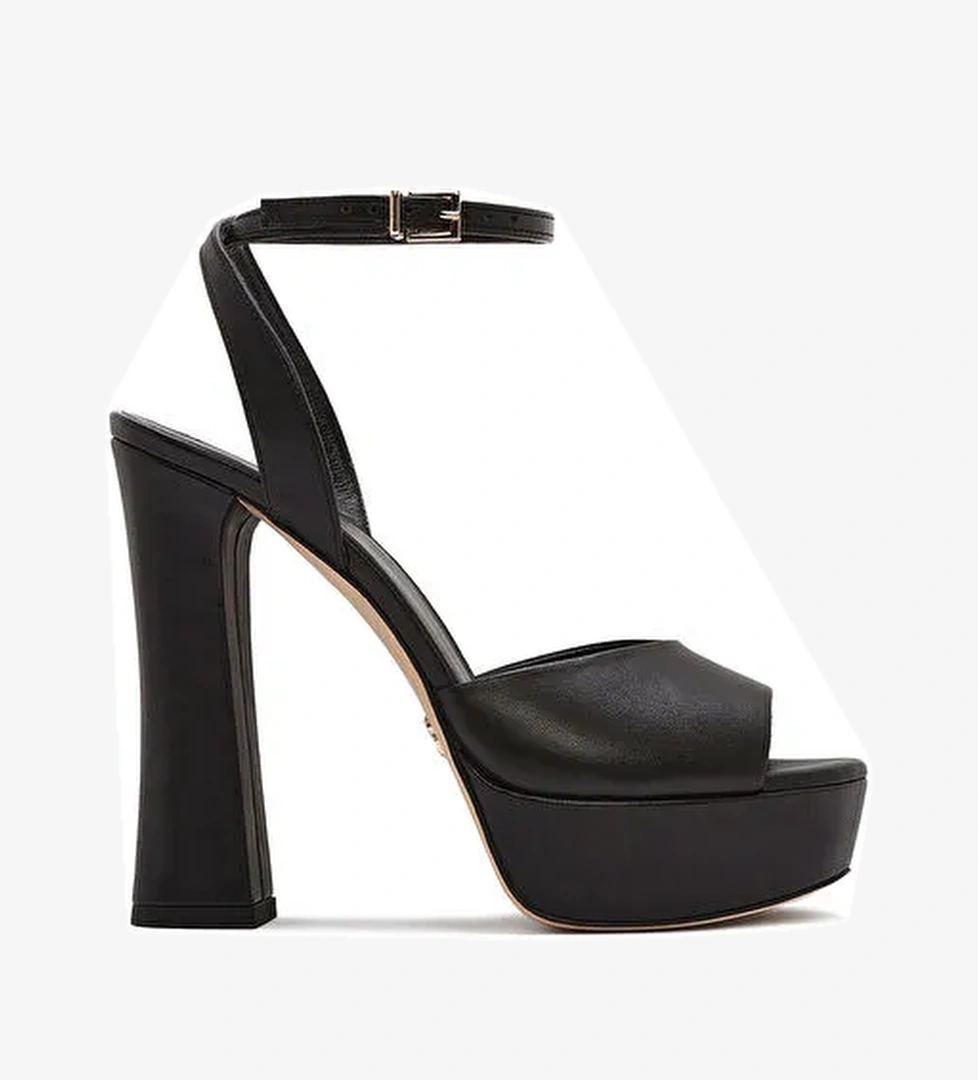 Kadın Siyah Bilekten Tokalı Platformlu Yüksek Kalın Topuklu Deri Sandalet 25SFD120518 - Görsel 1