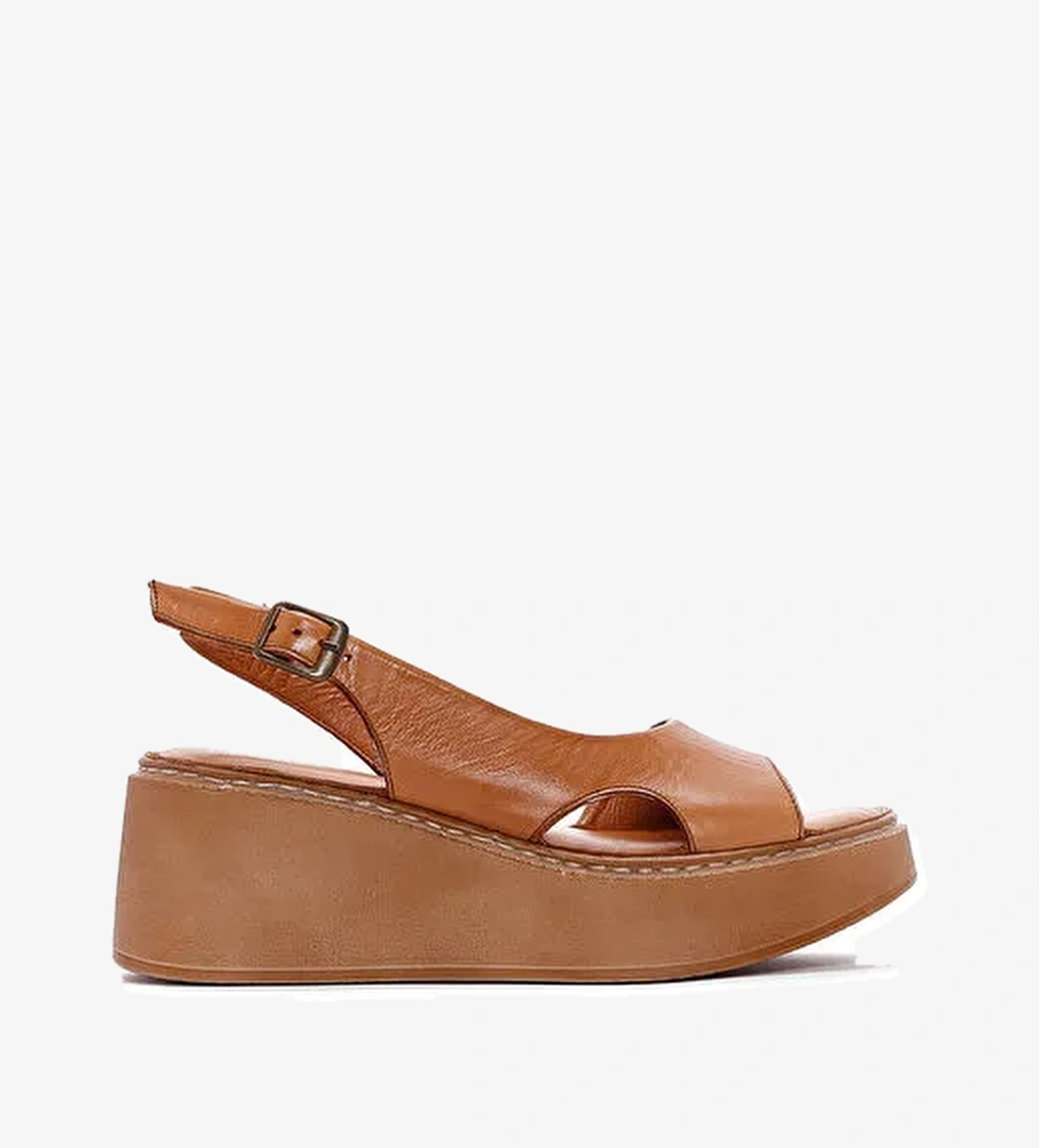 Kadın Taba Kalın Tabanlı Deri Comfort Sandalet 25SFD340818 - Görsel 1