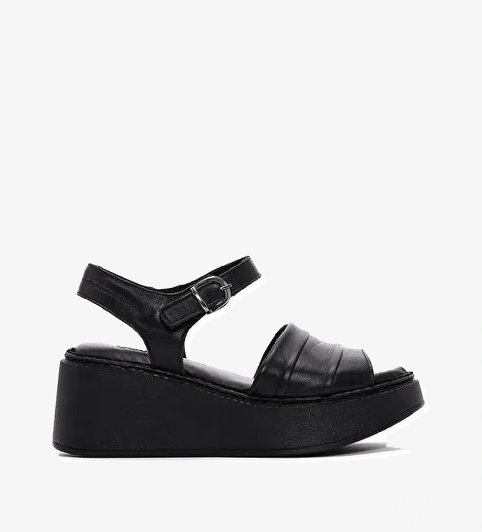 Kadın Siyah Kalın Tabanlı Deri Comfort Sandalet 25SFD340918 - Görsel 1