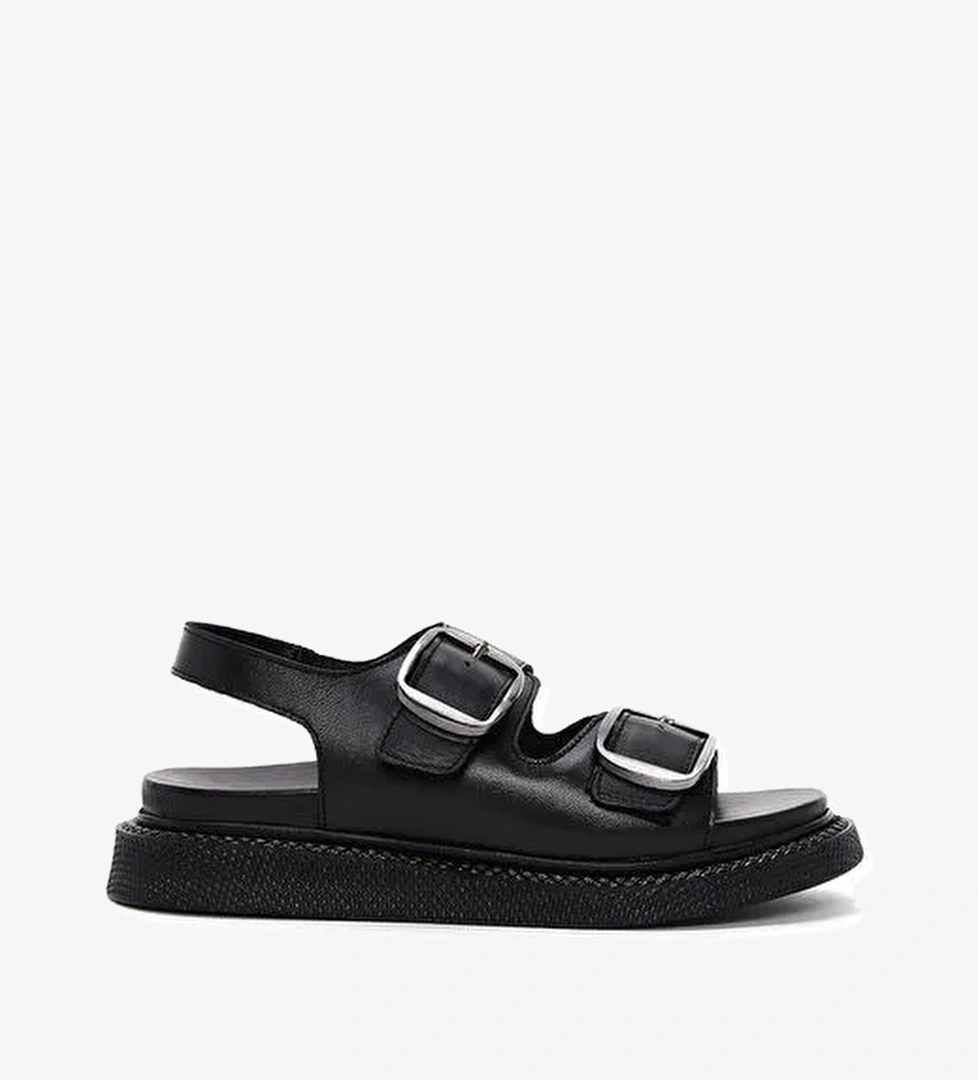 Kadın Siyah Çift Tokalı Deri Comfort Sandalet 25SFD300018 - Görsel 1