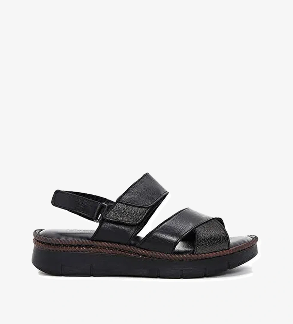 Kadın Siyah Bilekten Bantlı Deri Comfort Sandalet 25SFD320418 - Görsel 1
