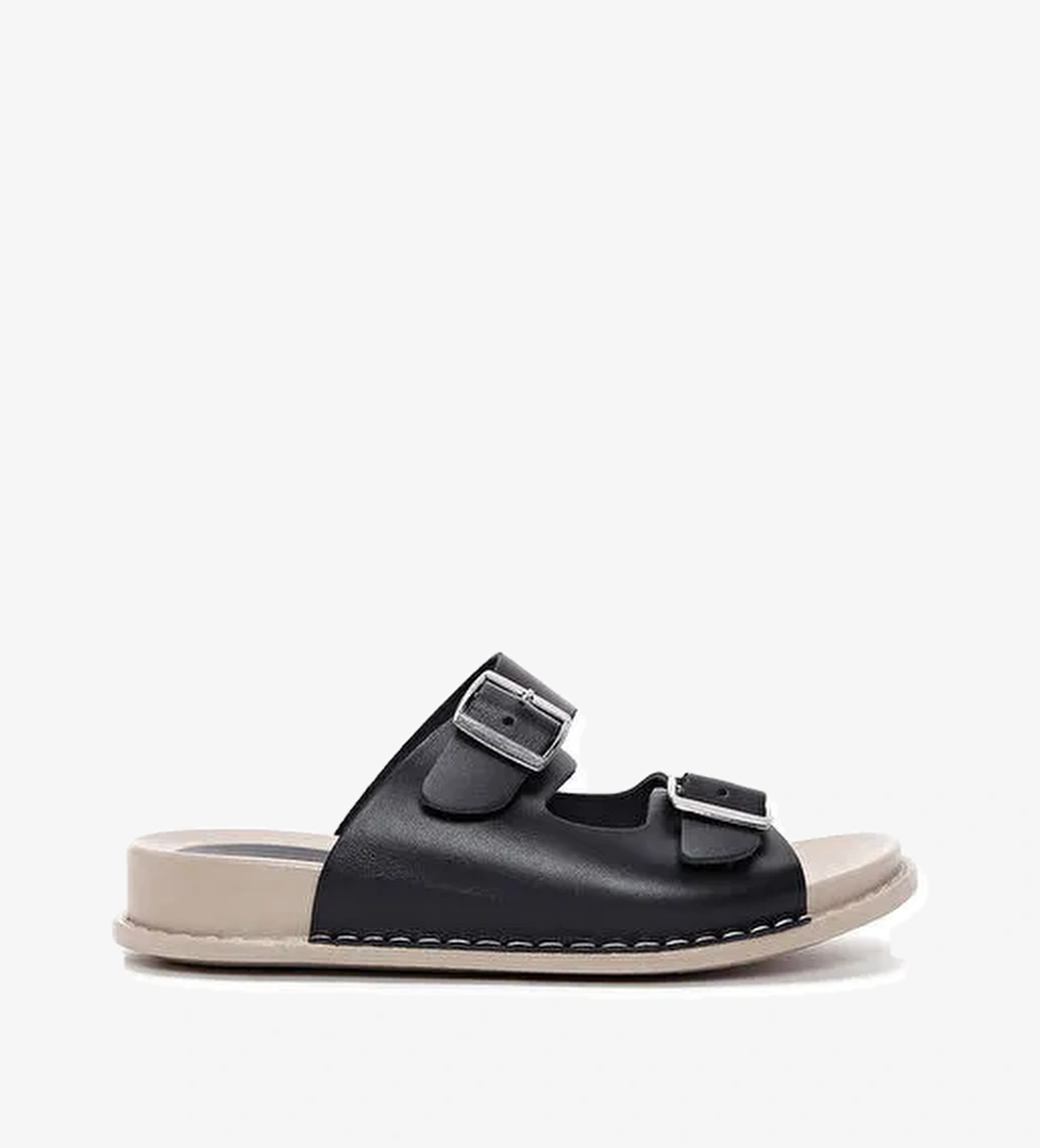 Kadın Siyah Çift Tokalı Deri Comfort Terlik 25SFD500018 - Görsel 1