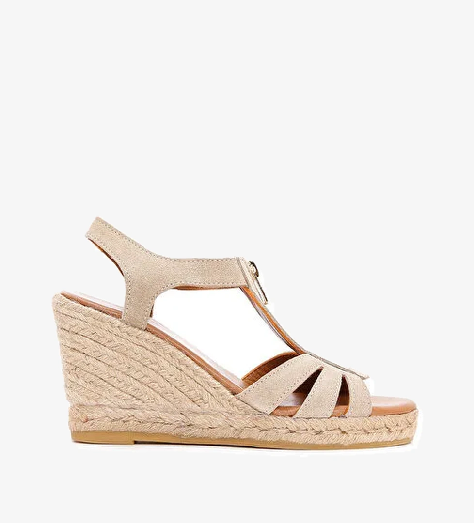 Kadın Bej Fermuarlı Dolgu Topuklu Süet Deri Espadril 25SFD206010 - Görsel 1