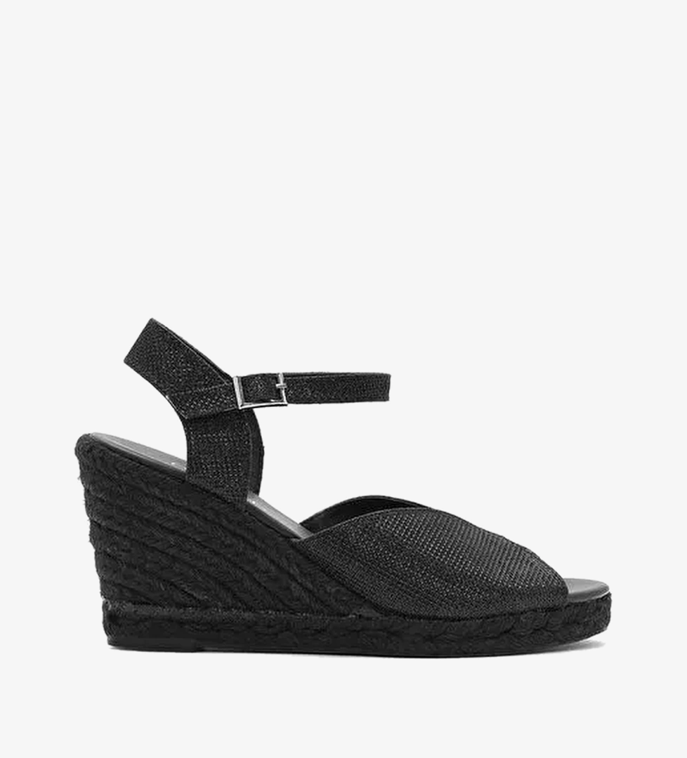 Kadın Siyah Simli Bilekten Tokalı Dolgu Topuklu Espadril Sandalet 25SFD2074SM