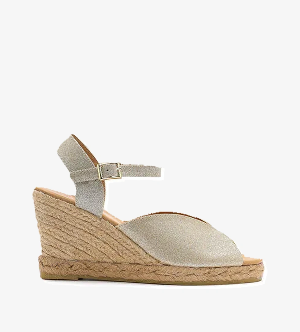 Kadın Altın Simli Bilekten Tokalı Dolgu Topuklu Espadril Sandalet 25SFD2074SM - Görsel 1