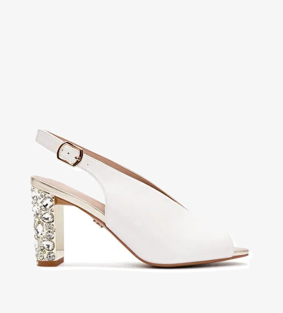 Kadın Beyaz Arkadan Bantlı Taşlı Kalın Topuklu Sandalet 25SFE462418 - Görsel 1