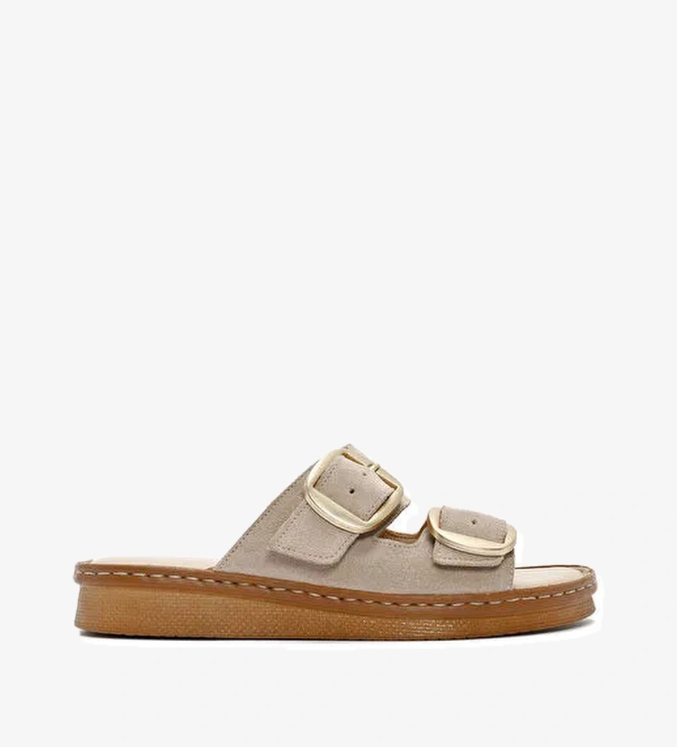 Kadın Bej Tokalı Süet Deri Comfort Terlik 25SFD340110 - Görsel 1