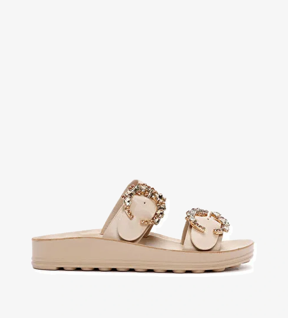 Kadın Bej Çift Tokalı Taşlı Terlik 25SFE460718 - Görsel 1