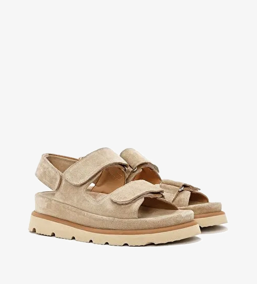 Kadın Bej Çift Bantlı Süet Deri Sandalet 25SFD152910 - Görsel 1