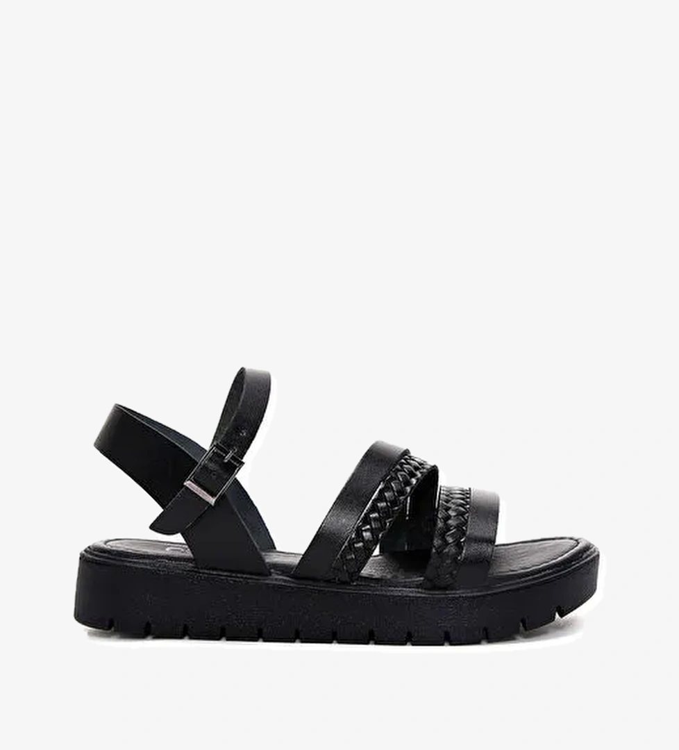 Kadın Siyah Kalın Tabanlı Örgü Detaylı Deri Bodrum Sandalet 25SFD330918 - Görsel 1