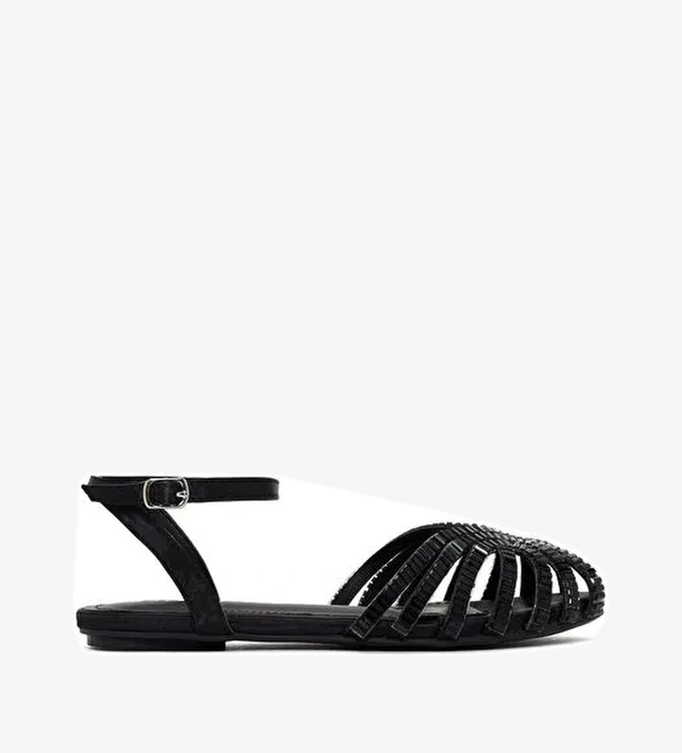 Kadın Siyah Bilekten Bağlamalı Taşlı Sandalet 25SFE450414 - Görsel 1