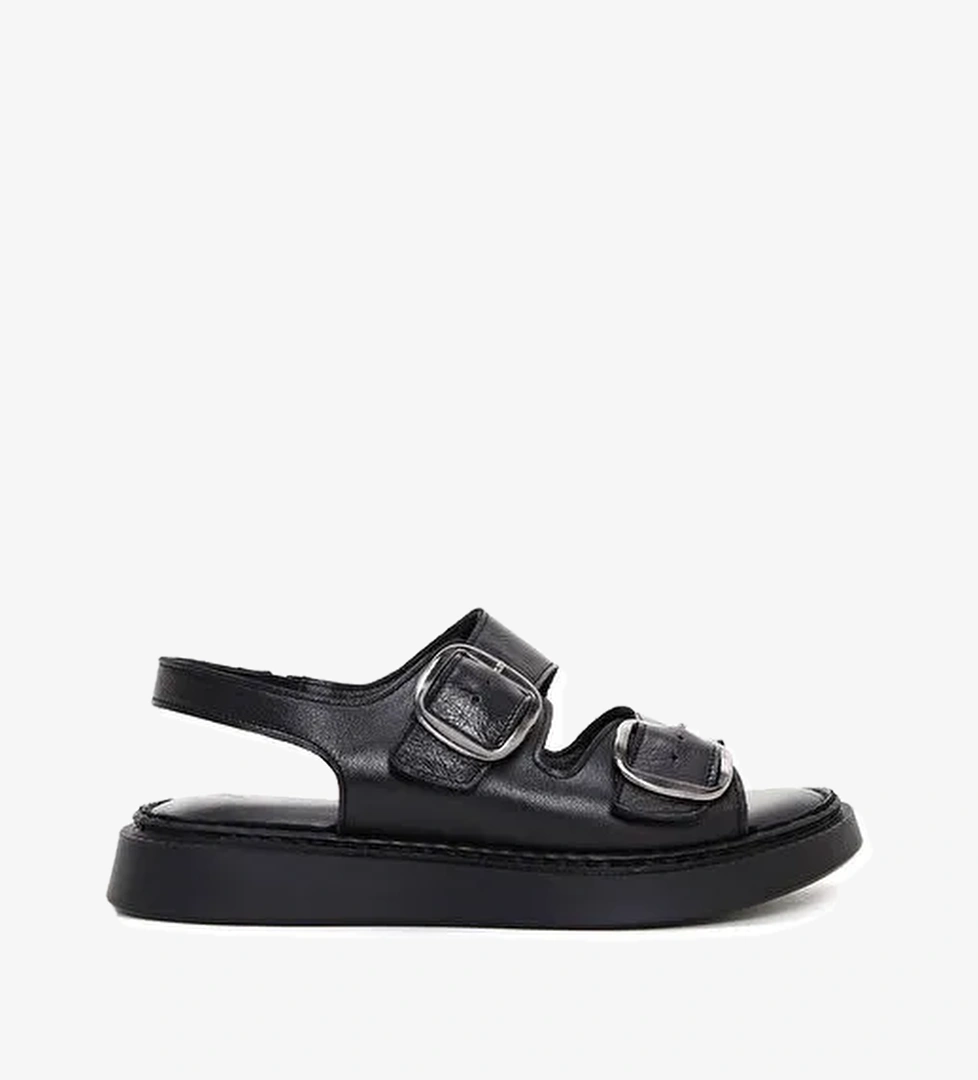 Kadın Siyah Kalın Tabanlı Deri Comfort Sandalet 25SFD340718 - Görsel 1