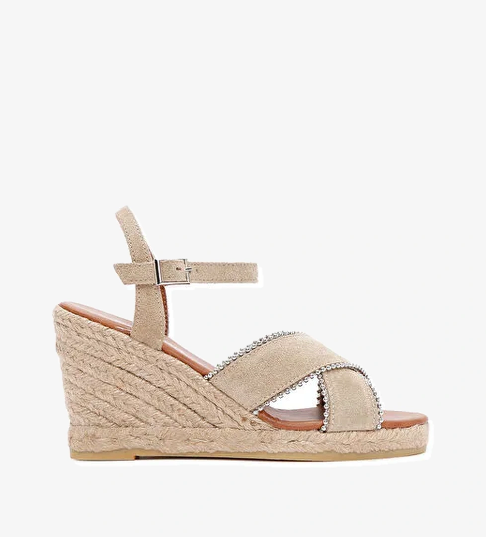 Kadın Bej Bilekten Bantlı Dolgu Topuklu Süet Deri Espadril Sandalet 25SFD205910 - Görsel 1