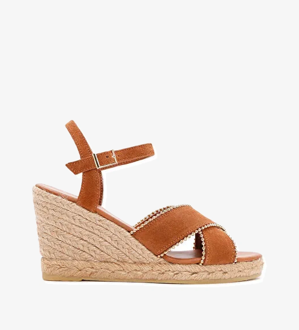 Kadın Taba Bilekten Bantlı Dolgu Topuklu Süet Deri Espadril Sandalet 25SFD205910 - Görsel 1