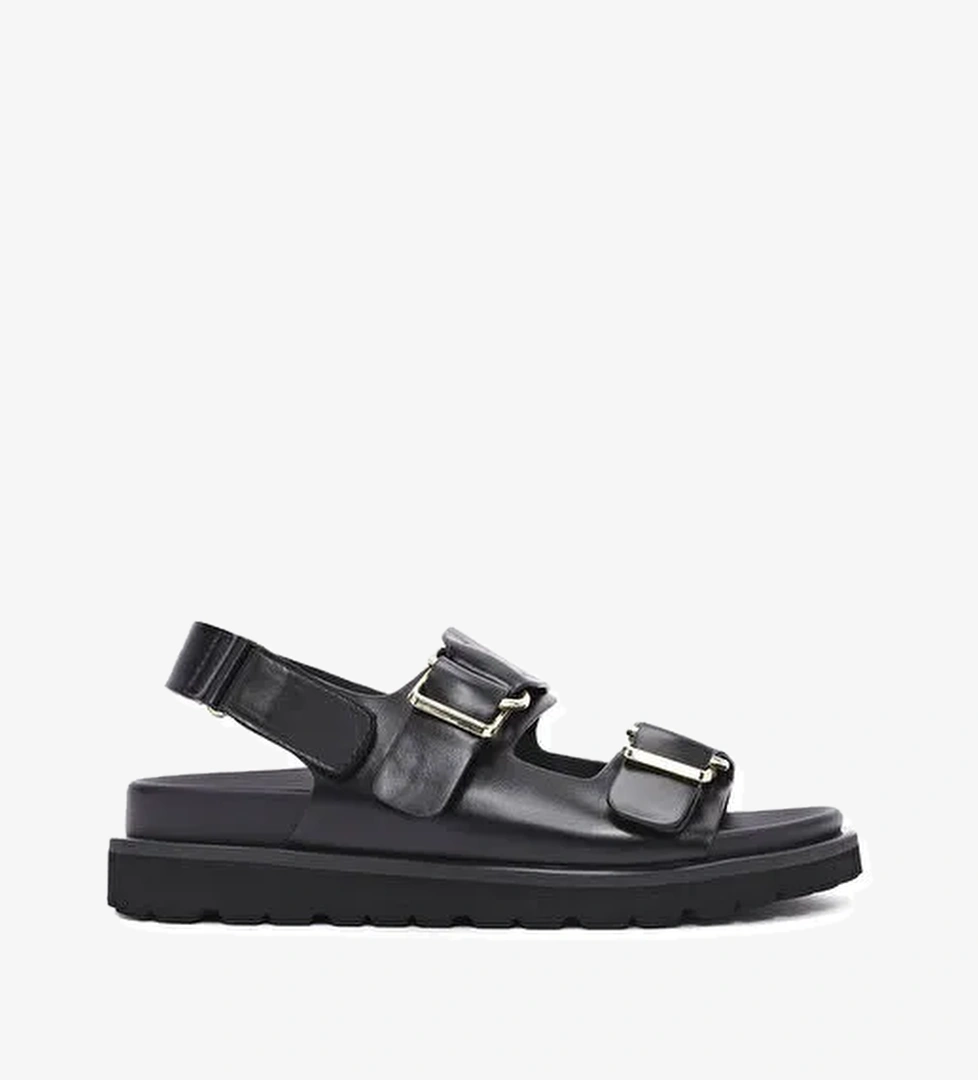 Kadın Siyah Bantlı Kalın Tabanlı Deri Sandalet 25SFE401518 - Görsel 1