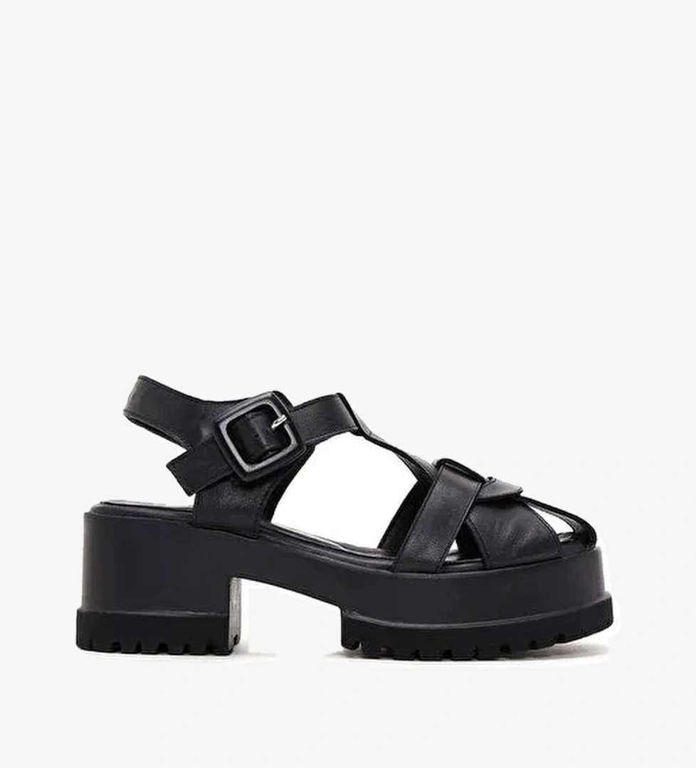 Kadın Siyah Bilekten Bantlı Kalın Tabanlı Deri Sandalet 25SFD200318 - Görsel 1