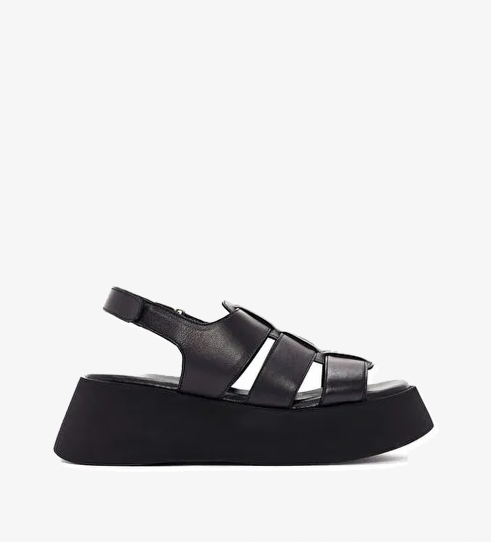 Kadın Siyah Kalın Tabanlı Deri Sandalet 24SFD201318 - Görsel 1