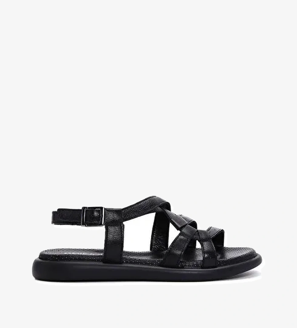 Kadın Siyah Bilekten Bantlı Deri Sandalet 25SFD360518 - Görsel 1
