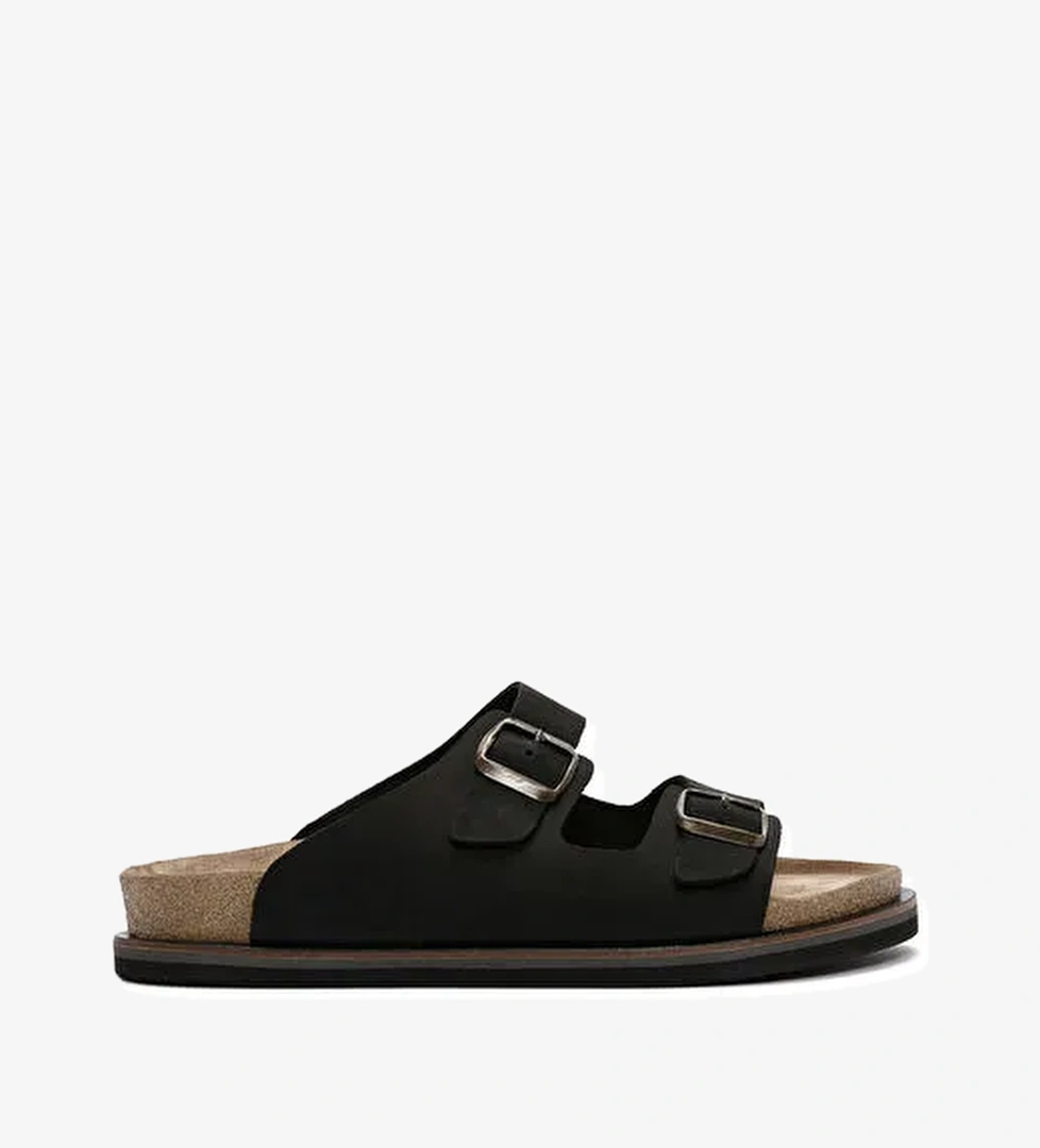 Erkek Siyah Tokalı Nubuk Deri Terlik 25SFD6255V3 - Görsel 1