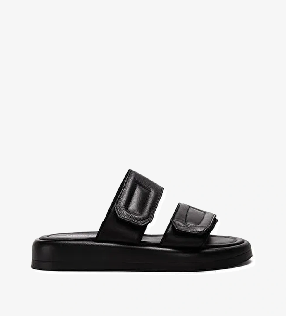 Kadın Siyah Çift Bantlı Deri Terlik 25SFD360418 - Görsel 1