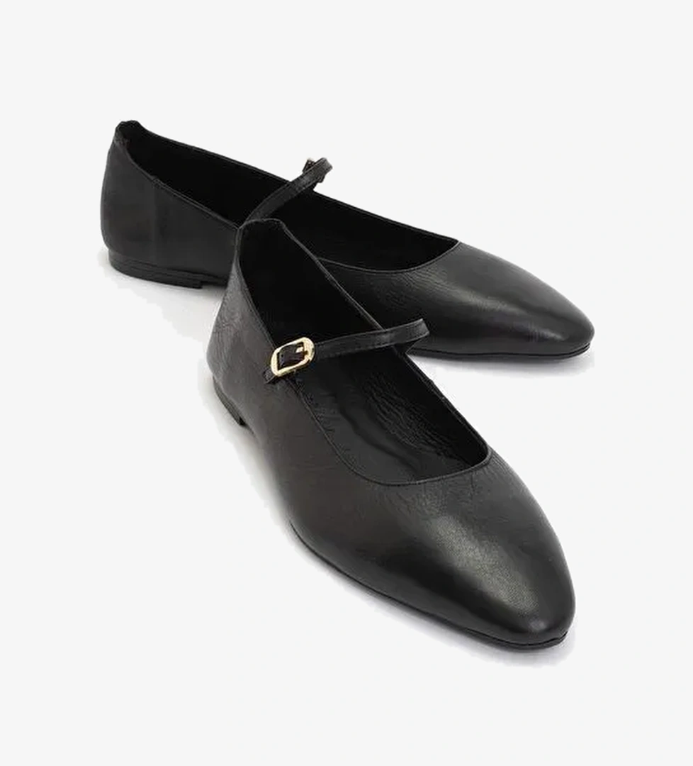 LUNAIRE Siyah Hakiki Deri Tek Bantlı Sivri Burun Kadın Babet Ayakkabı - Görsel 1