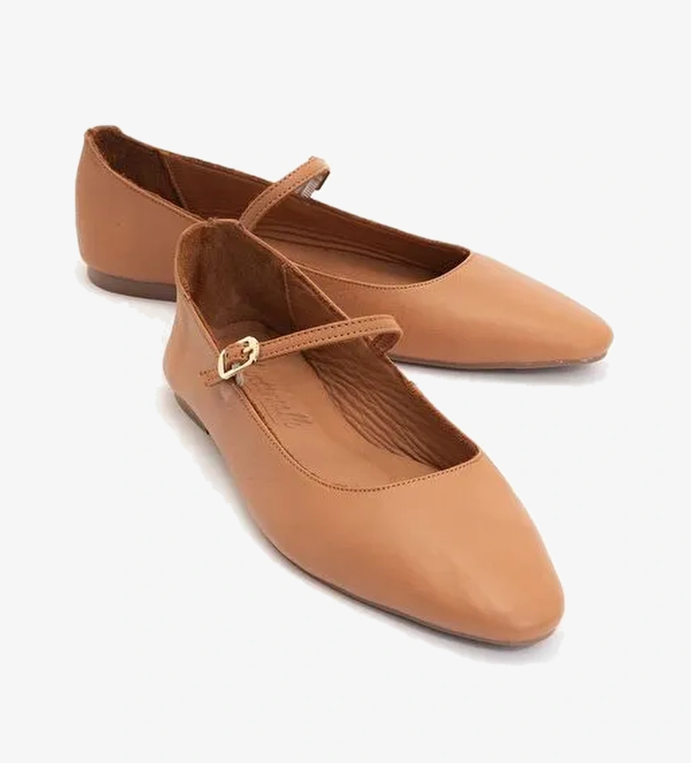 LUNAIRE Taba Hakiki Deri Tek Bantlı Sivri Burun Kadın Babet Ayakkabı - Görsel 1