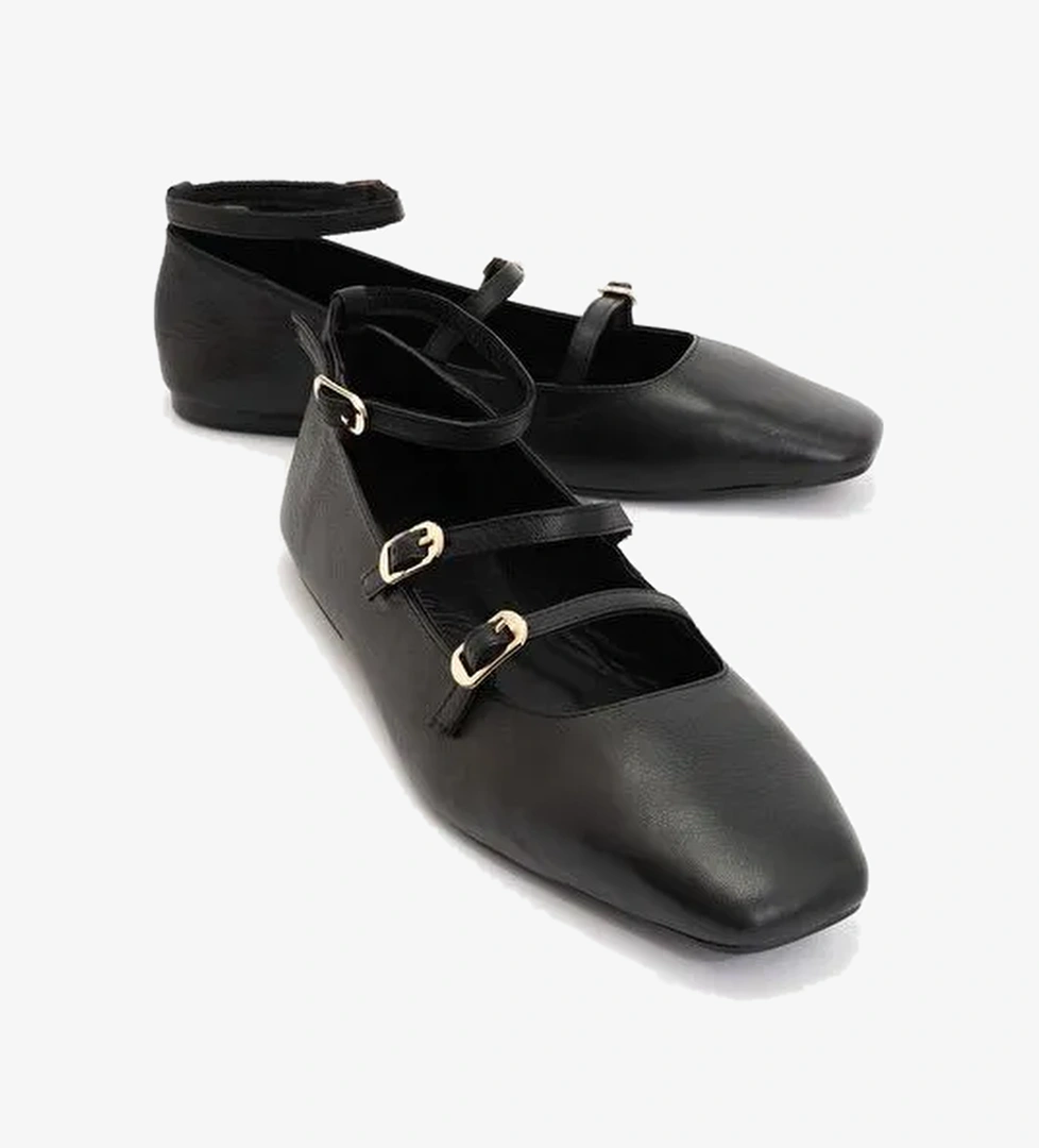 GLIMMER Siyah Hakiki Deri Bilekten Bağlamalı Küt Burun Kadın Babet Ayakkabı - Görsel 1