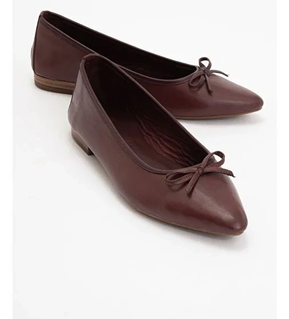 BRIAR Bordo Cilt Hakiki Deri Fiyonklu Sivri Burun Kadın Babet Ayakkabı - Görsel 1