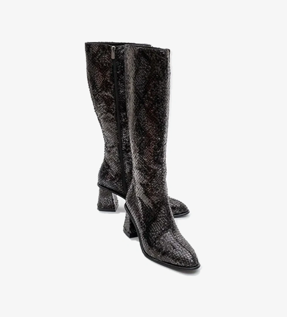 ELLY Siyah Desenli Kadın Kalın Topuklu Çizme - Görsel 1