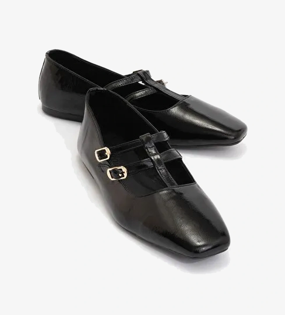 STARLING Siyah Rugan Hakiki Deri Kadın Babet Ayakkabı - Görsel 1