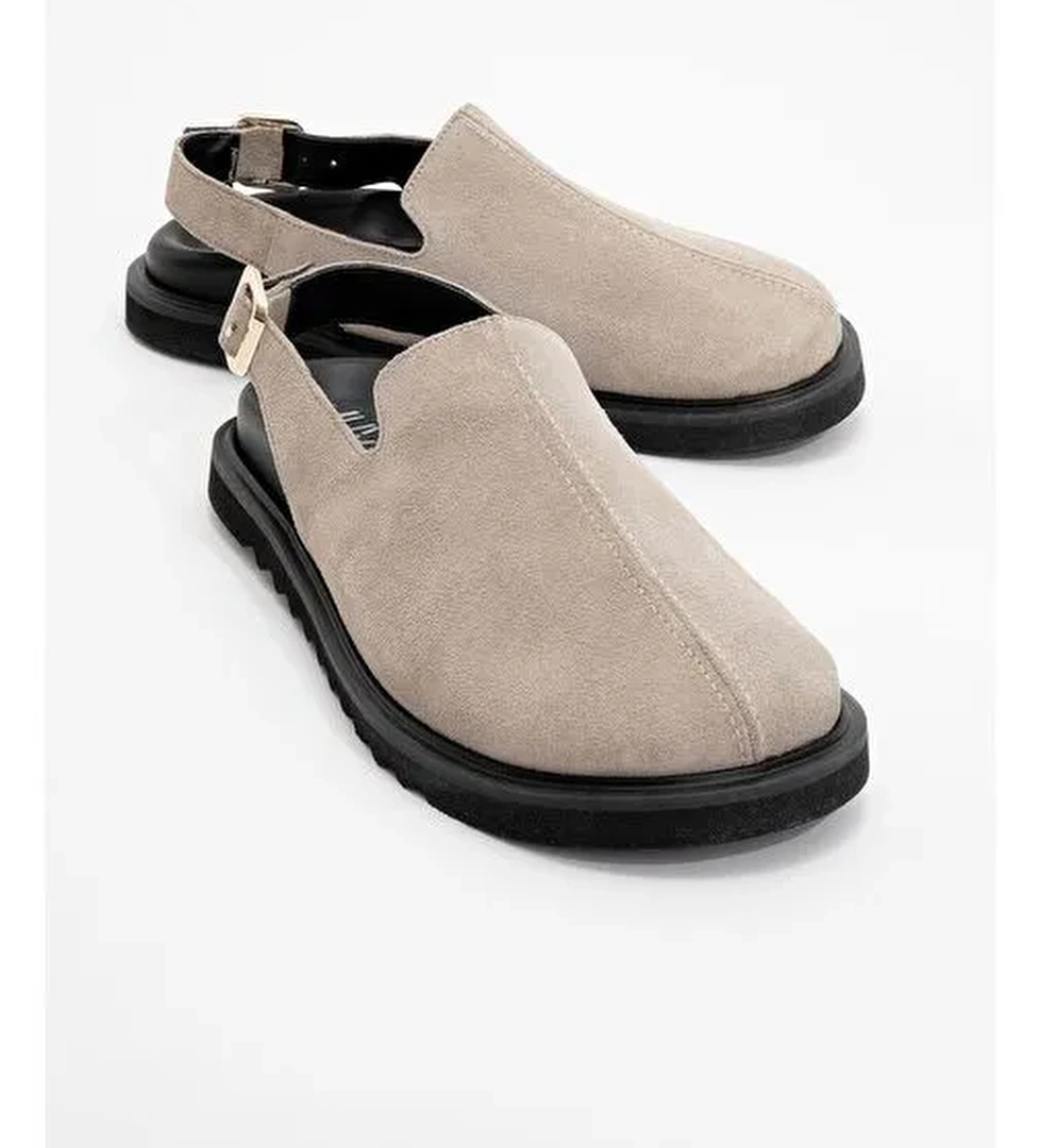 LABY Bej Süet Hakiki Deri Kadın Sandalet - Görsel 1