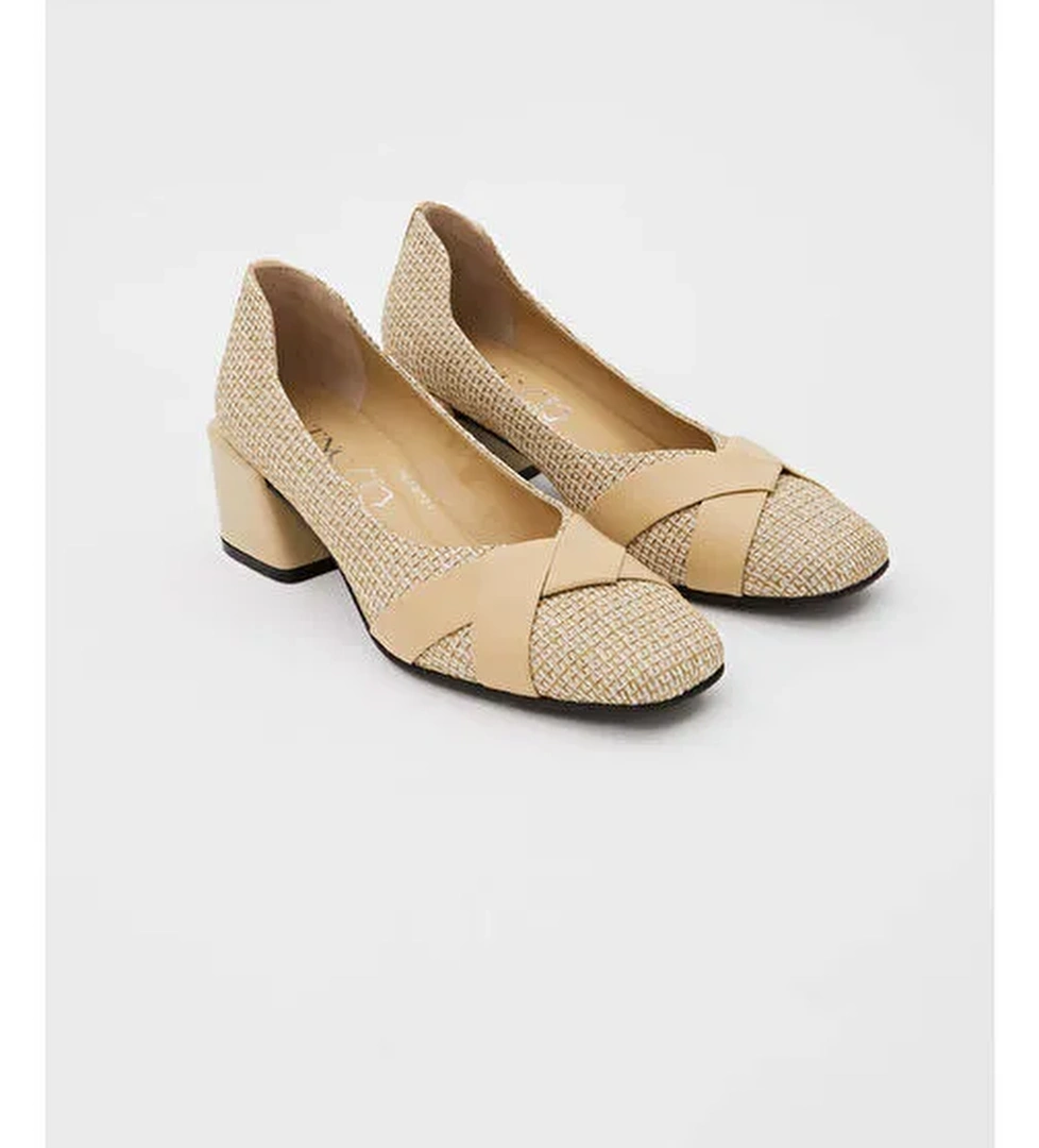 Tamer Tanca Kadın Hakiki Deri Bej Keten Topuklu Ayakkabı - Görsel 1