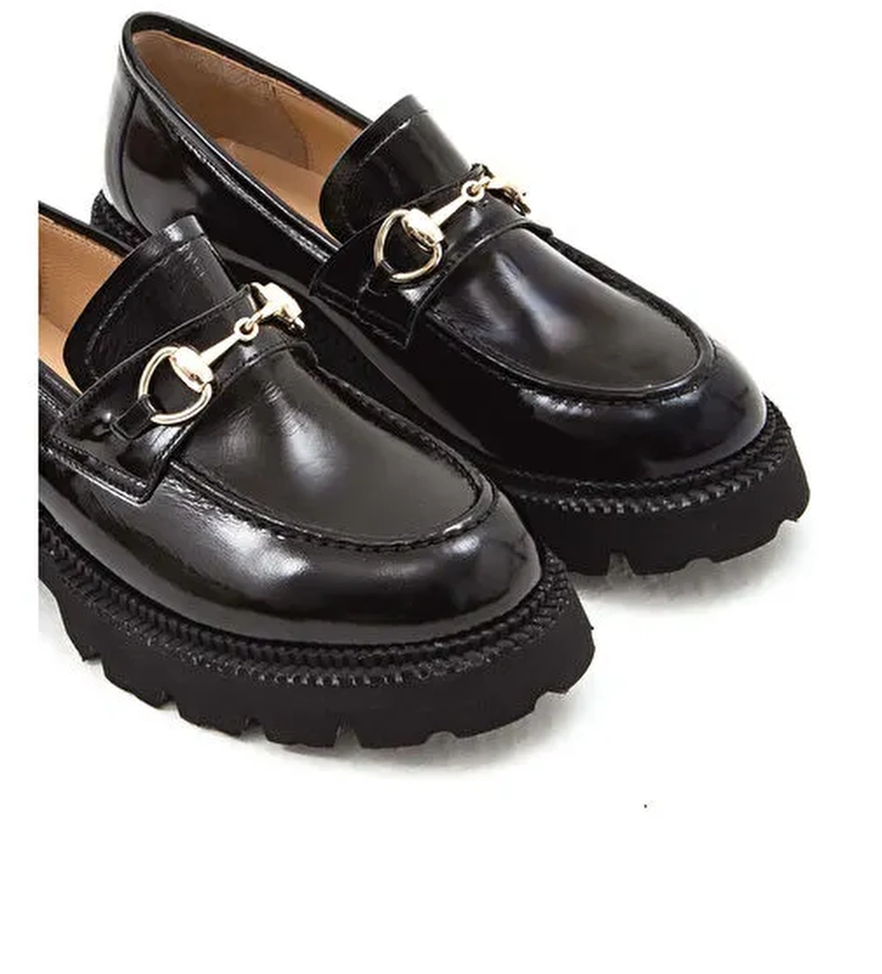 Tamer Tanca Kadın Hakiki Deri Siyah Rugan Loafer Ayakkabı - Görsel 1