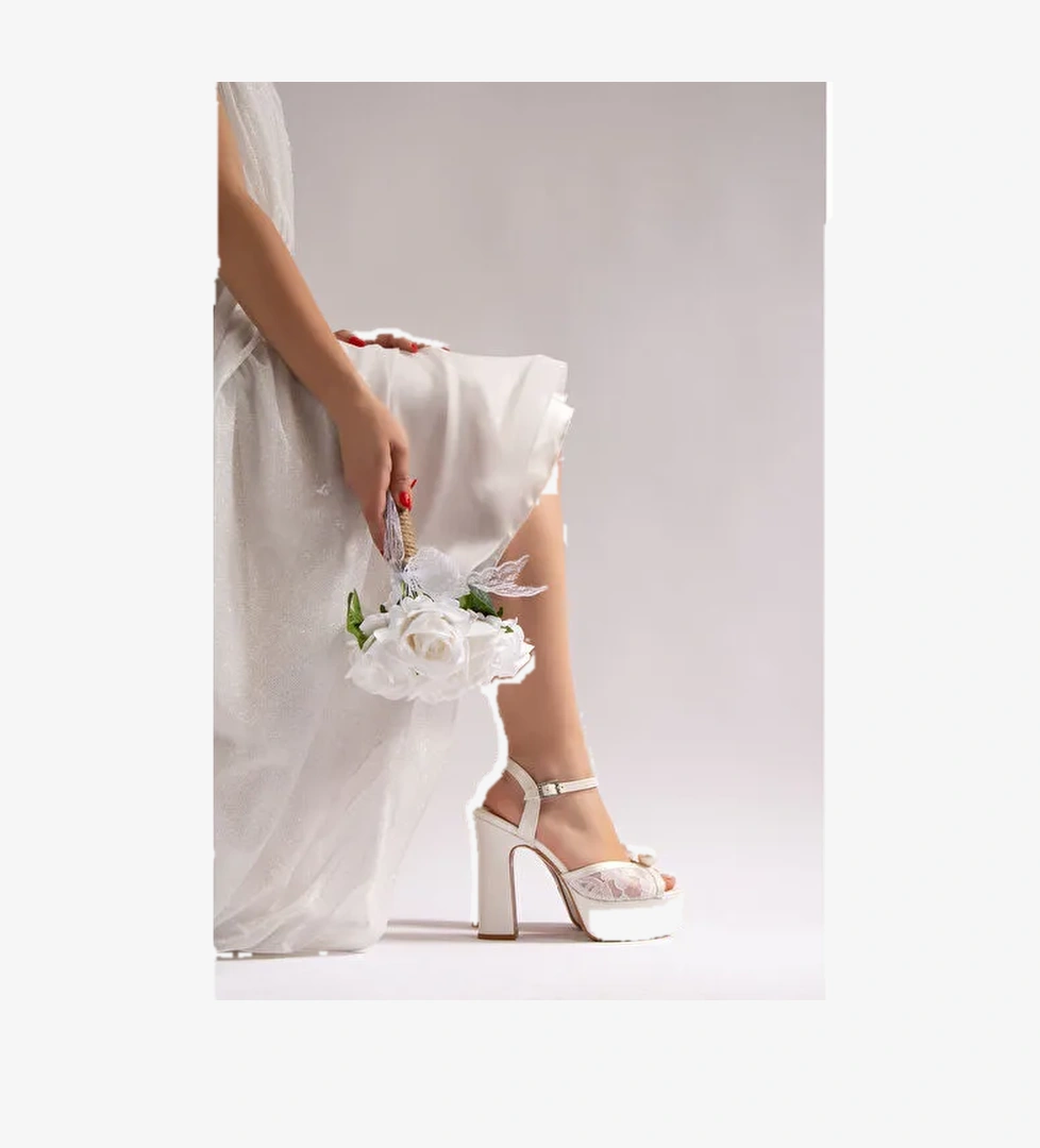 Lori Kadın Platform Topuklu Gelinlik Ayakkabı İnci Beyaz Sedef Dantel - Görsel 1