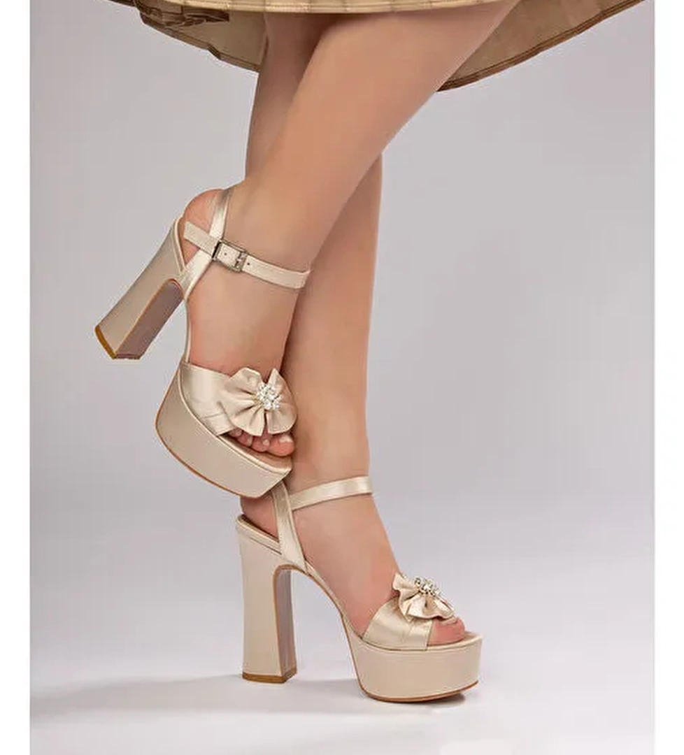 Jade Kadın Abiye Platform Topuklu Ayakkabı Bej Saten - Görsel 1