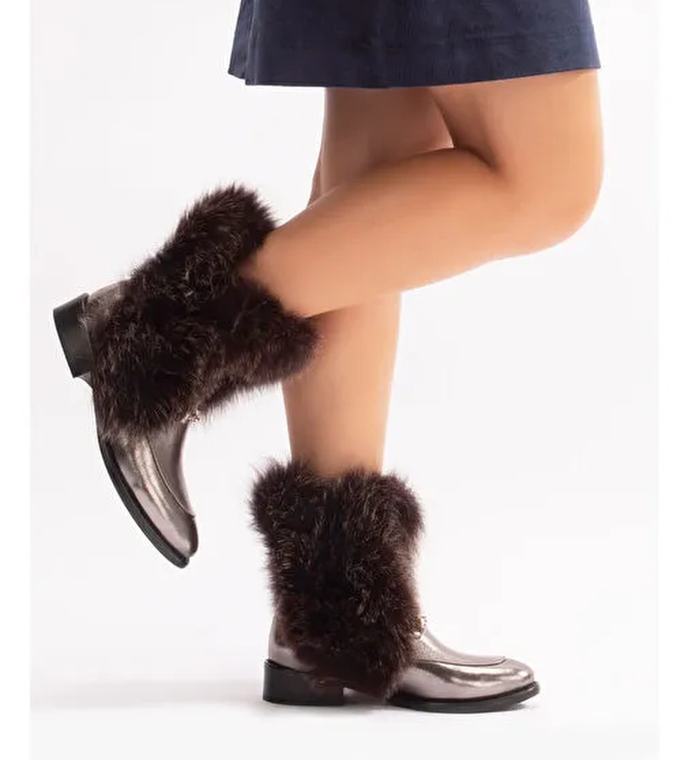 Reina Gerçek Deri Kadın Bot Nikel Deri Kürklü - Görsel 1