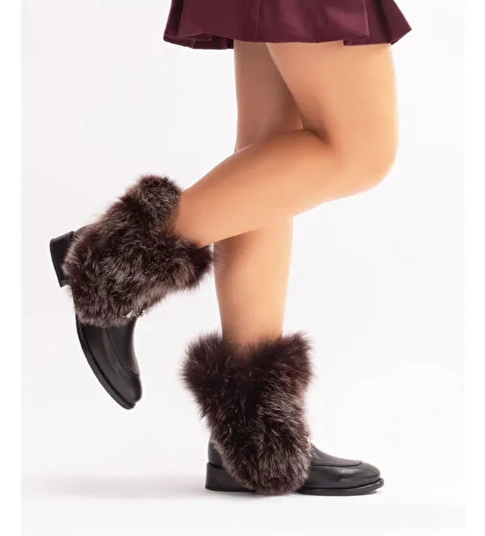 Reina Gerçek Deri Kadın Bot Siyah Deri Kürklü - Görsel 1