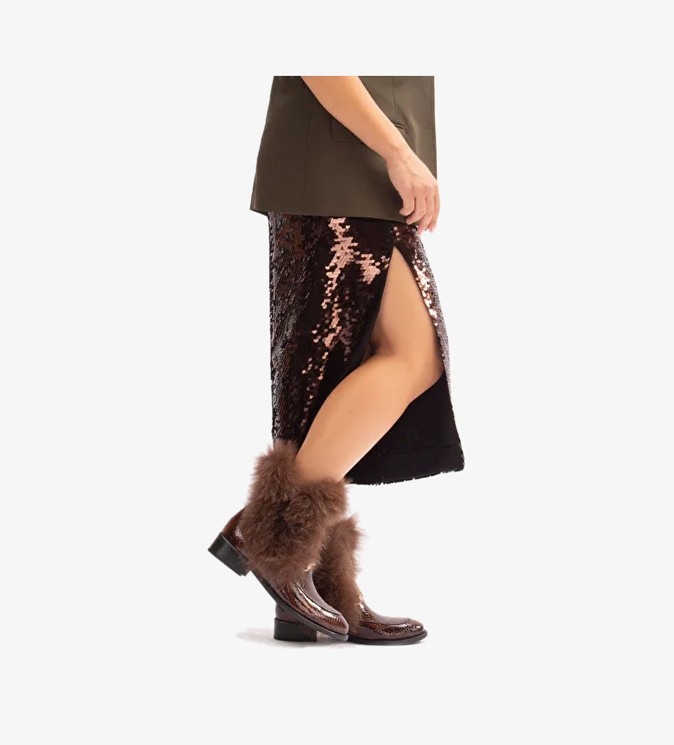 Reina Gerçek Deri Kadın Bot Taba Kroko Deri Kürklü - Görsel 1