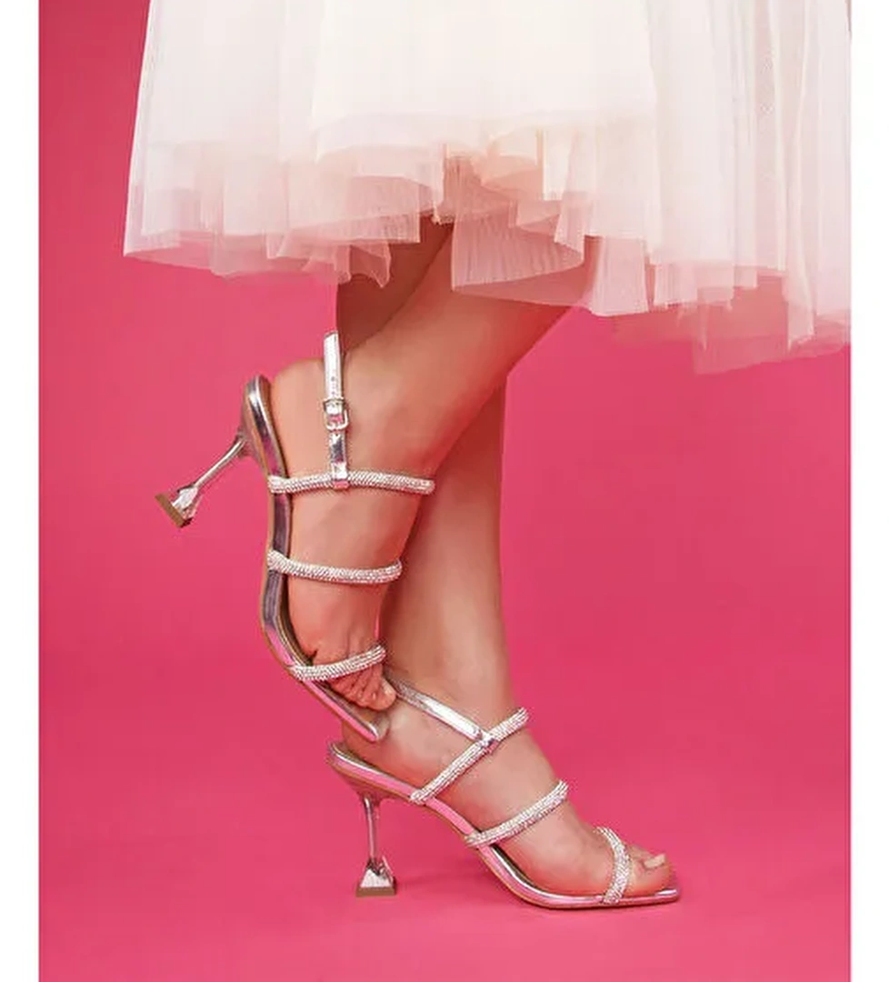 Sihana Kadın Topuklu Abiye Sandalet Gümüş - Görsel 1