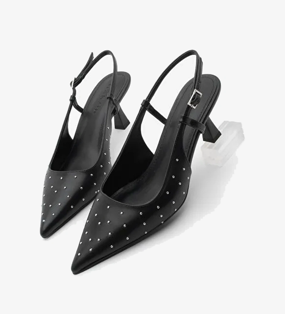 Marjin Marjin Kadın Stiletto Sivri Burun Arkası Açık Zımba Detaylı Topuklu Ayakkabı Timon Siyah | Boyner Siyah - 1. görsel