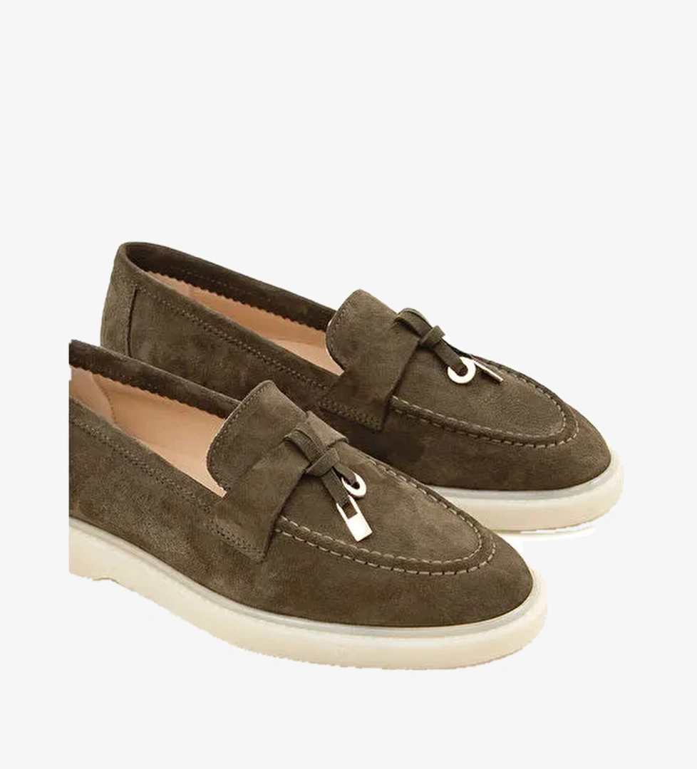 Tamer Tanca Kadın Hakiki Deri Haki Süet Loafer Ayakkabı - Görsel 1