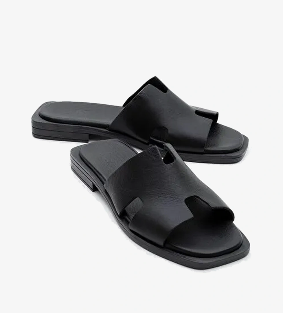 JEZ Siyah Cilt Hakiki Deri Kadın Terlik - Görsel 1