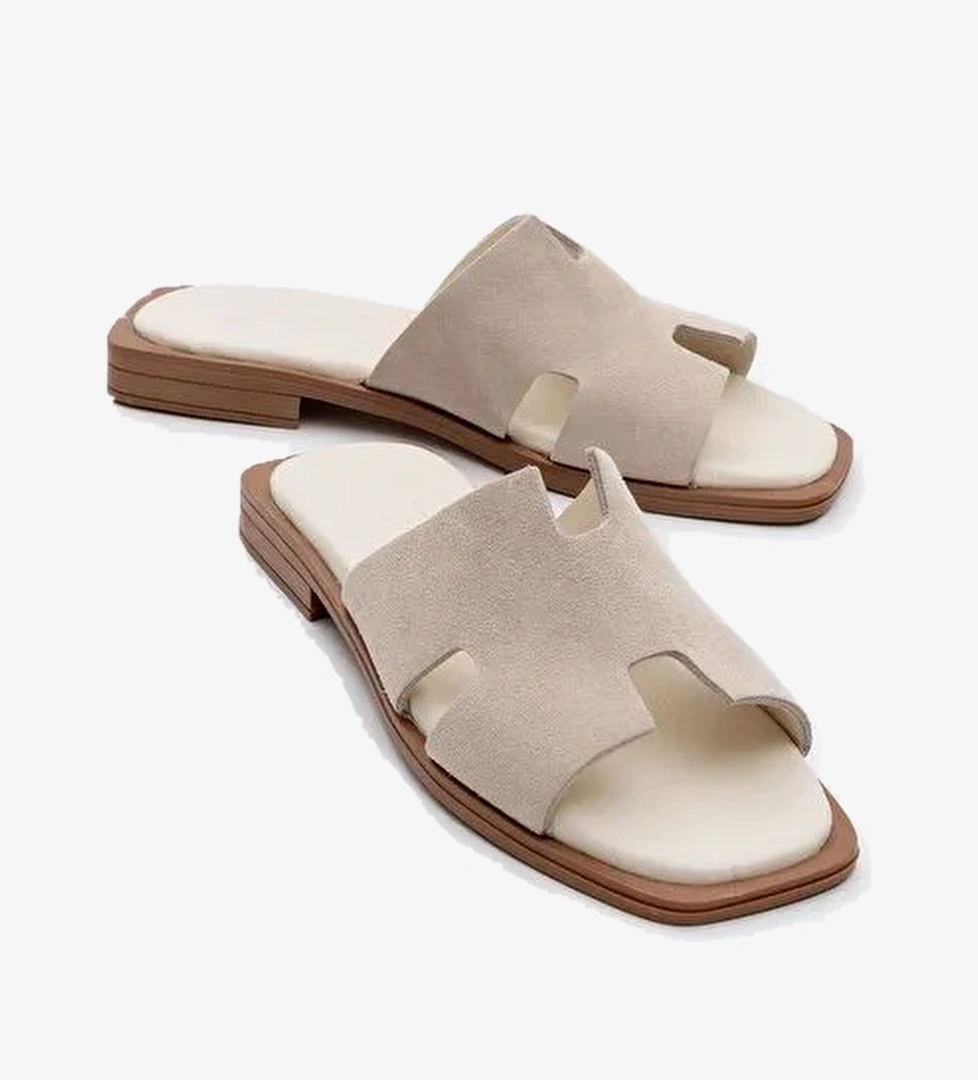 JEZ Bej Süet Hakiki Deri Kadın Terlik - Görsel 1