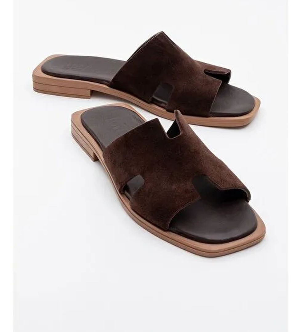 JEZ Kahverengi Süet Hakiki Deri Kadın Terlik - Görsel 1