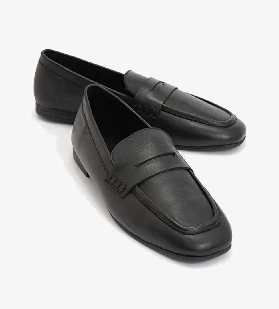 SKYE Siyah Hakiki Deri Küt Burun Kadın Loafer Ayakkabı - Görsel 1
