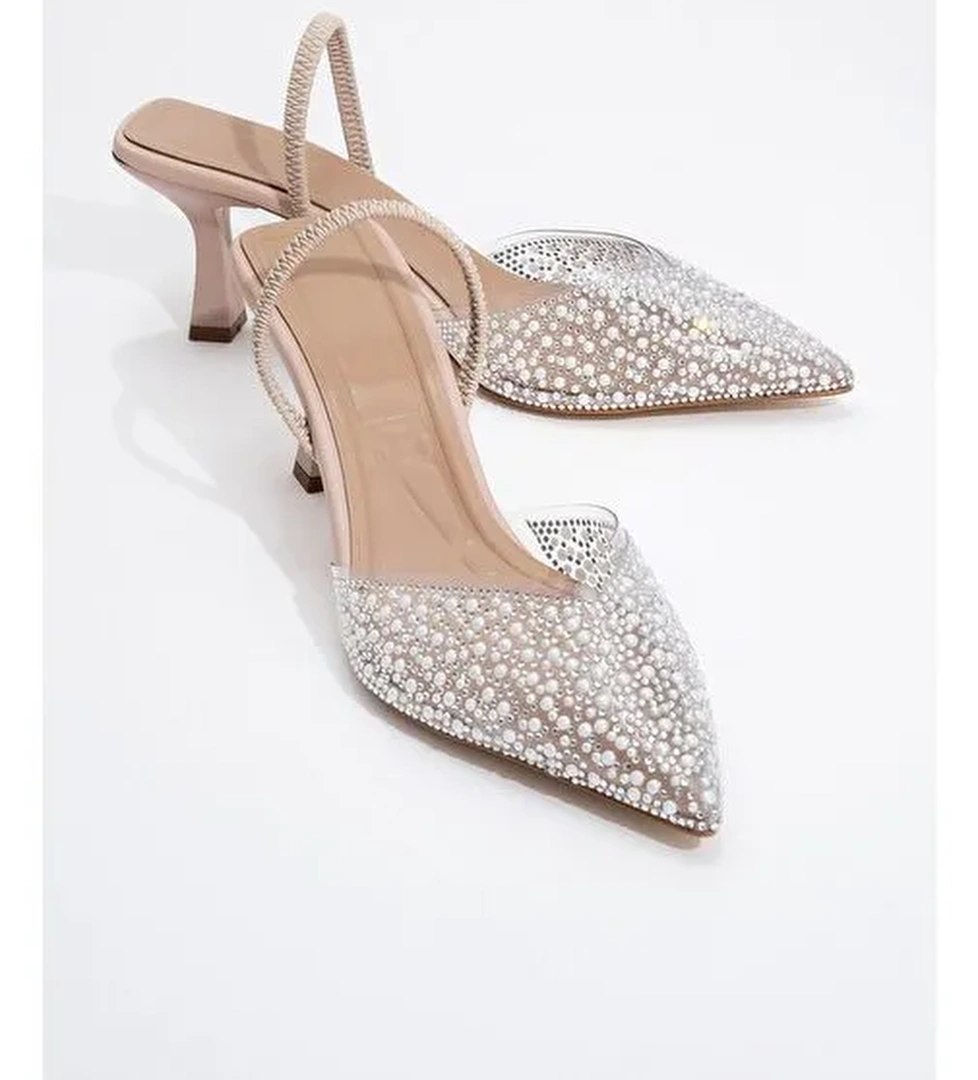 WHENA Bej İncili Şeffaf Kadın Topuklu Ayakkabı - Görsel 1