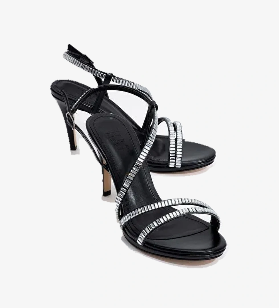 NUEVO Siyah Cilt Taşlı Kadın Topuklu Abiye Ayakkabı - Görsel 1